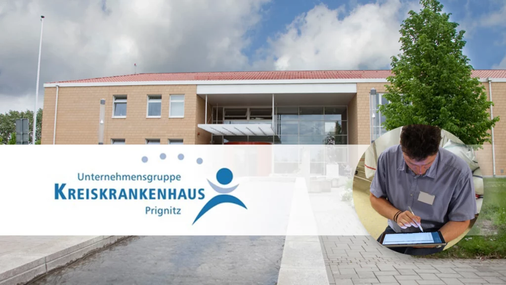 Gebäude des Kreiskrankenhauses Prignitz mit Logo und einem Mitarbeiter, der ein Tablet verwendet.