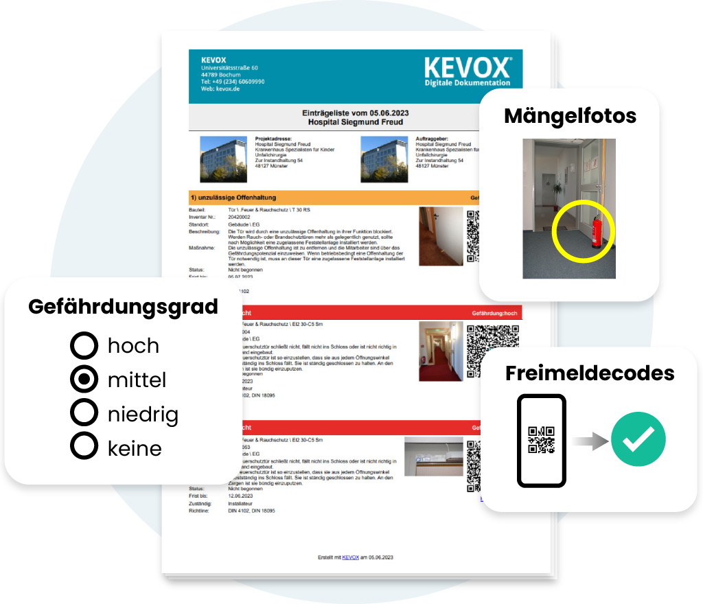 KEVOX-Mängelbericht mit Gefährdungsgrad, Mängelfotos und Freimeldecodes zur Dokumentation von Sicherheitsmängeln.