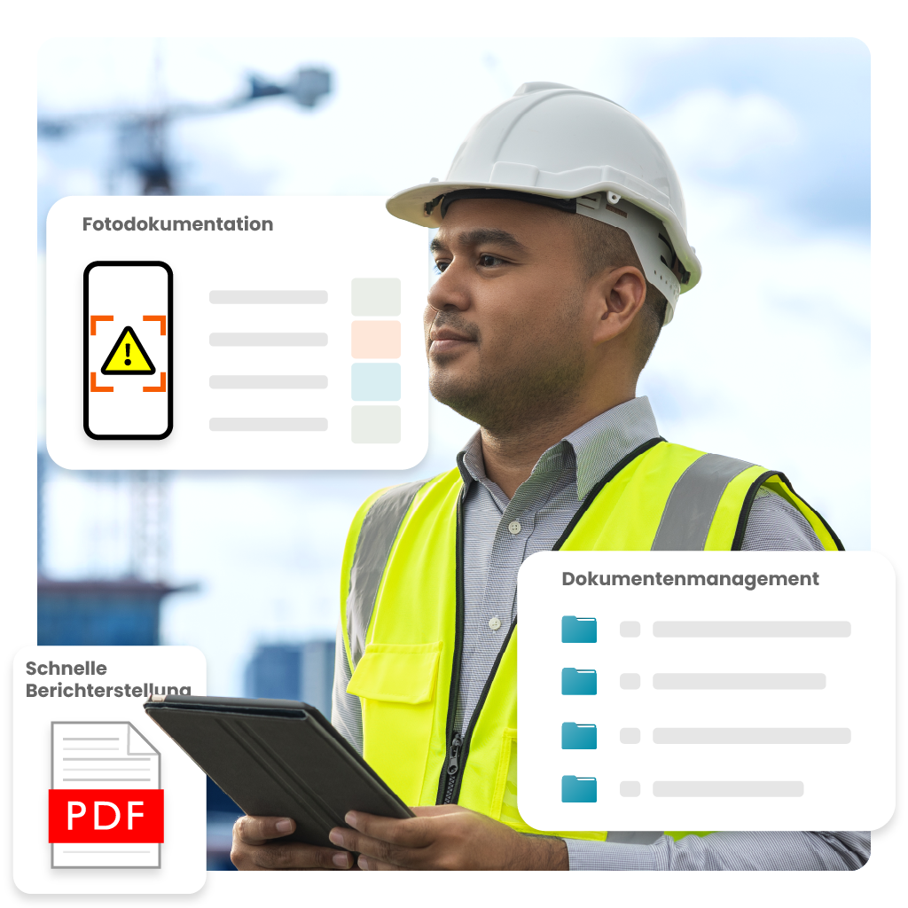 Bauleiter mit Tablet in Schutzweste und Helm, der digitale Dokumentation, Fotodokumentation und Berichterstellung verwaltet