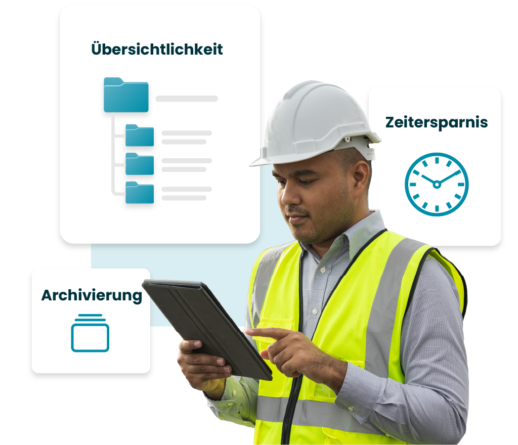 Arbeiter in Schutzweste und Helm, der ein Tablet verwendet, um digitale Dokumente für Übersichtlichkeit, Zeitersparnis und Archivierung zu verwalten.