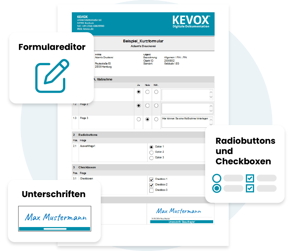 KEVOX Formularvorlage mit Formulareditor, Radiobuttons, Checkboxen und Unterschriftsfeld.