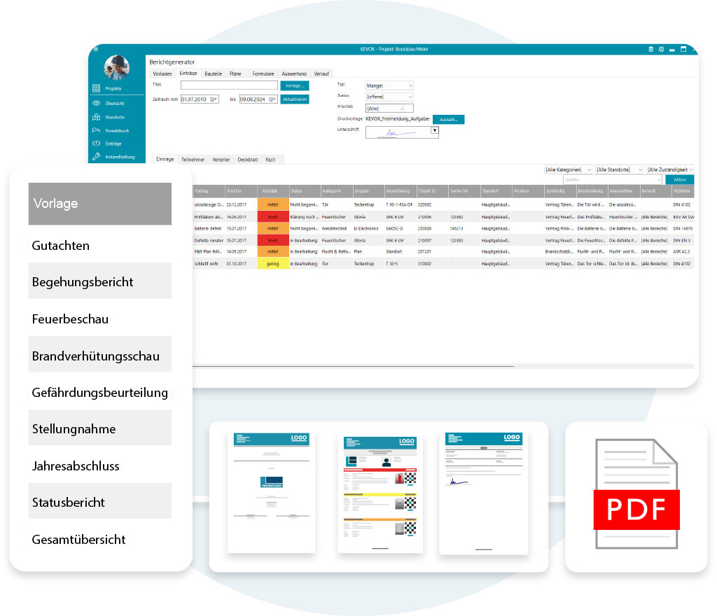 KEVOX-Dokumentationssoftware mit Berichtsvorlagen und PDF-Export.