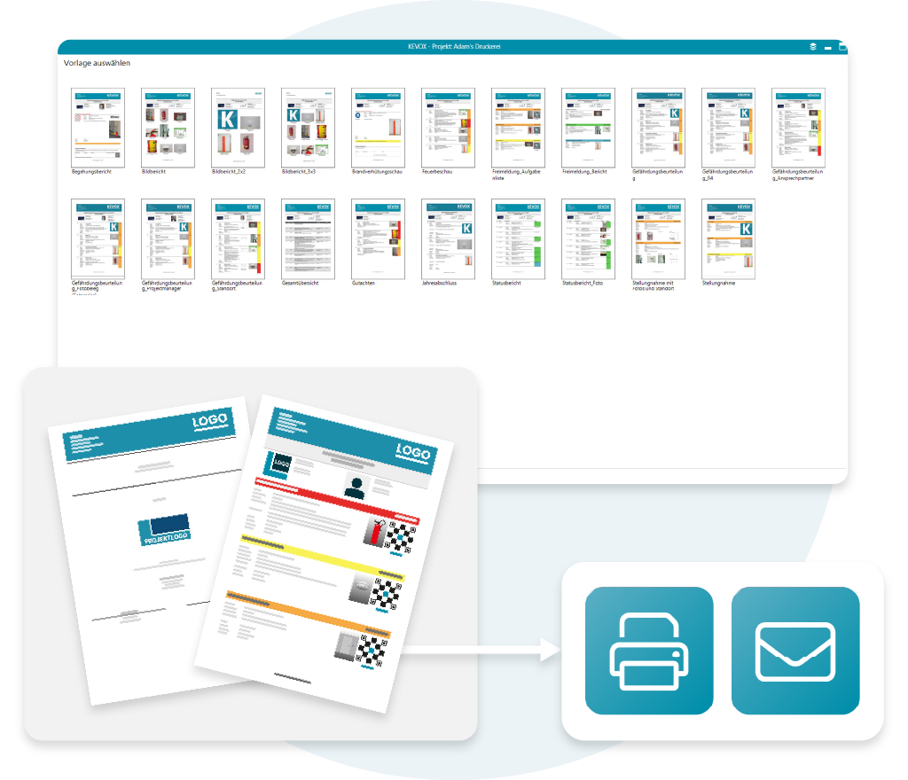 KEVOX Vorlagen für Berichte und Druckoptionen zur digitalen Dokumentation.