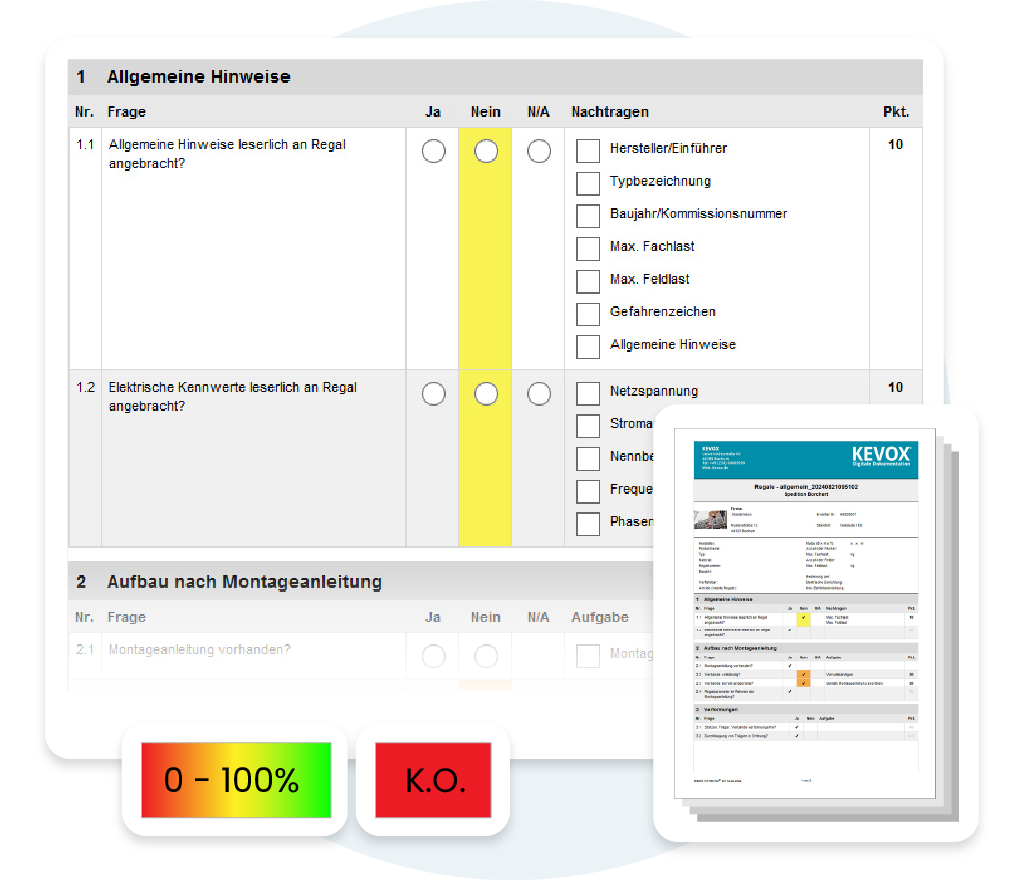 Prüf- und Kontrollformular in der KEVOX Software mit Ampelindikatoren und K.O.-Feld.