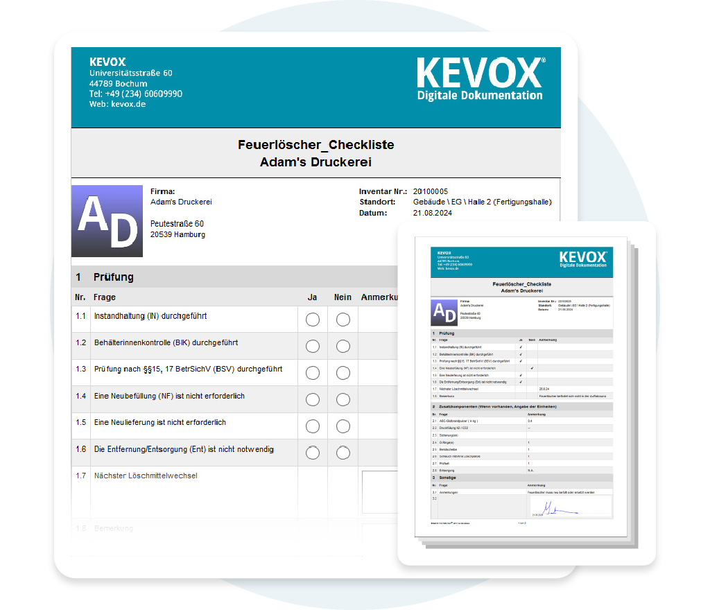 KEVOX Feuerlöscher-Checkliste zur digitalen Dokumentation von Wartungen und Prüfungen in einer Druckerei.