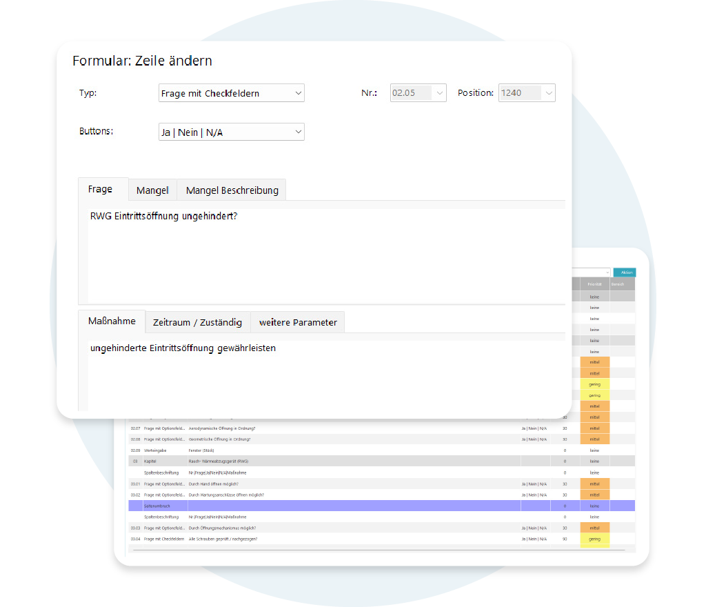 Formularbearbeitung in der KEVOX Software mit Eingabefeldern für Mängelbeschreibung und Maßnahmen.