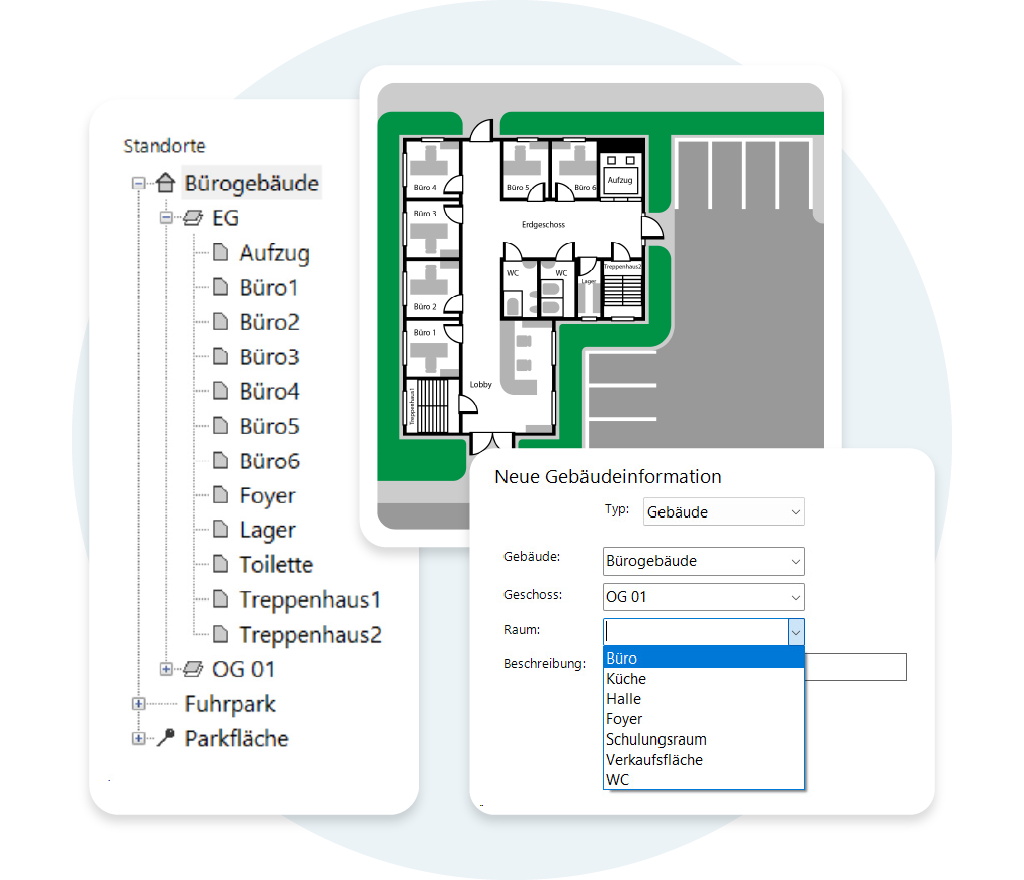 Software-Dashboard zur digitalen Gebäude- und Raumverwaltung mit Grundrissansicht und Auswahlmenü für Räume und Gebäudebeschreibungen.