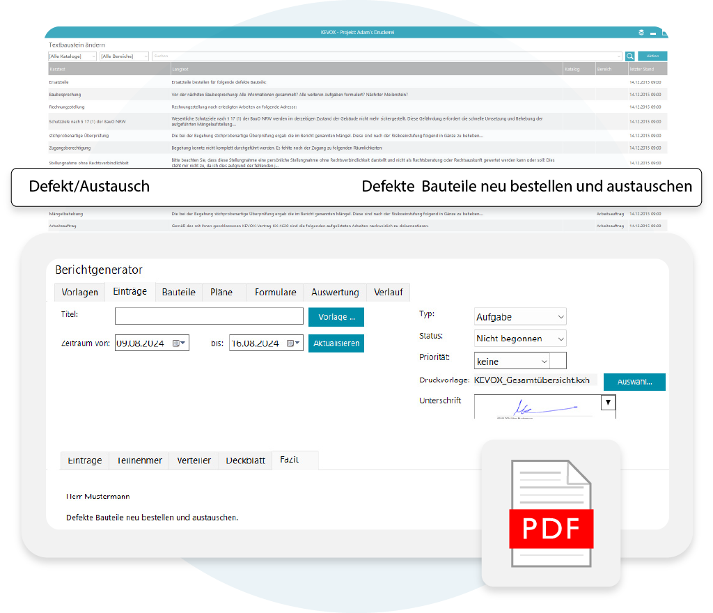 KEVOX-Berichtgenerator zur Verwaltung und Erstellung von PDF-Berichten für defekte Bauteile.