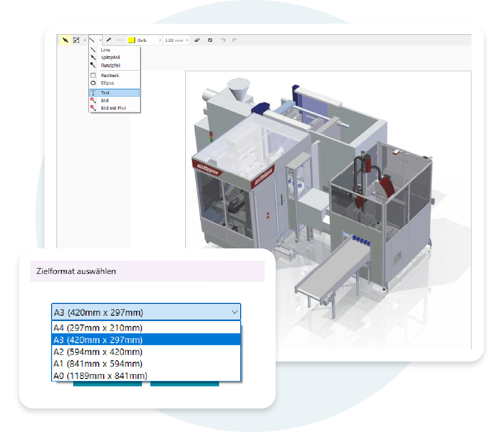 3D-Modell einer Industrieanlage mit Bearbeitungswerkzeugen und Auswahlmenü für verschiedene Druckformate wie A4, A3 und A0