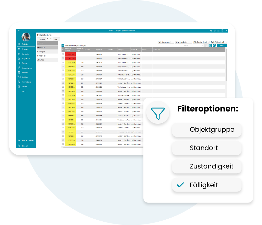 Übersicht der Instandhaltungsverwaltung mit Filteroptionen wie Objektgruppe, Standort, Zuständigkeit und Fälligkeit.