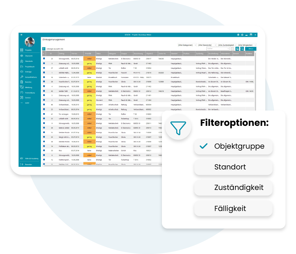 Übersichtliches Eintragsmanagement in der KEVOX-Software mit Filteroptionen für Objektgruppe, Standort, Zuständigkeit und Fälligkeit.