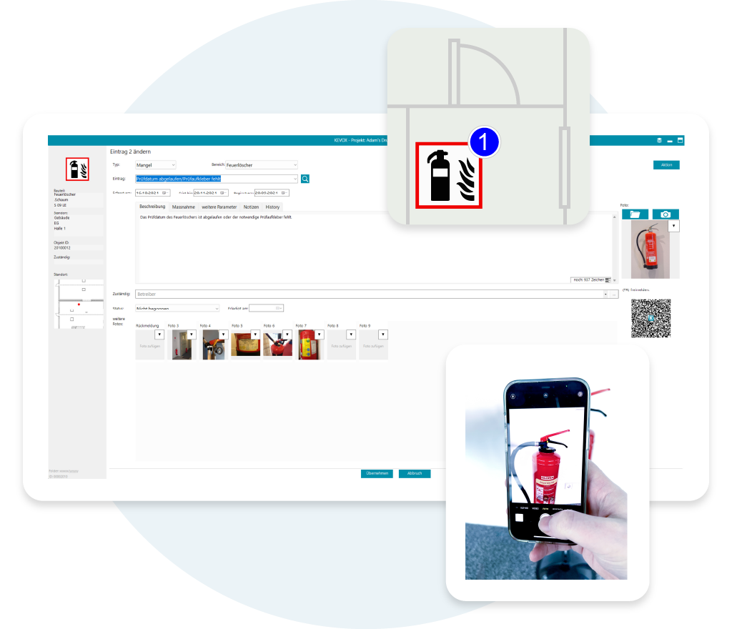 Digitale Dokumentation eines Feuerlöschers mit KEVOX-Software und Smartphone.