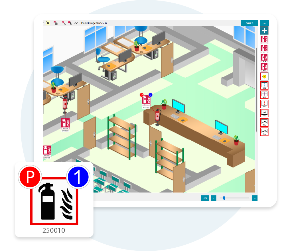 3D-Büroplan mit Sicherheitskennzeichnungen für Feuerlöscher und Brandschutzsymbole zur optimalen Raumplanung und Sicherheitsdokumentation.