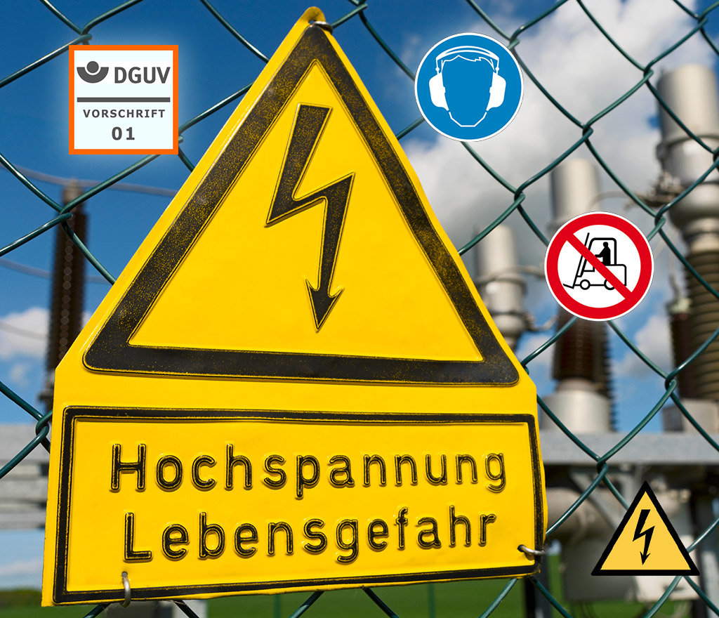 Hochspannung Warnschild mit Sicherheitskennzeichnungen am Zaun eines Industriegeländes.