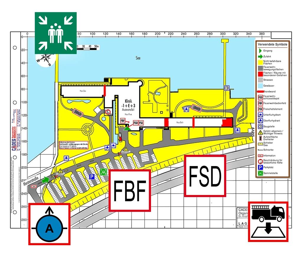 Evakuierungs- und Rettungsplan eines Geländes mit Symbolen für Notausgänge, Sammelplätze und Feuerwehrzufahrten.
