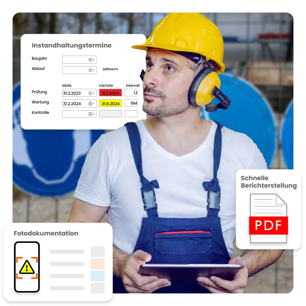 Arbeiter mit gelbem Schutzhelm und Tablet, Instandhaltungstermine und Berichterstellung.