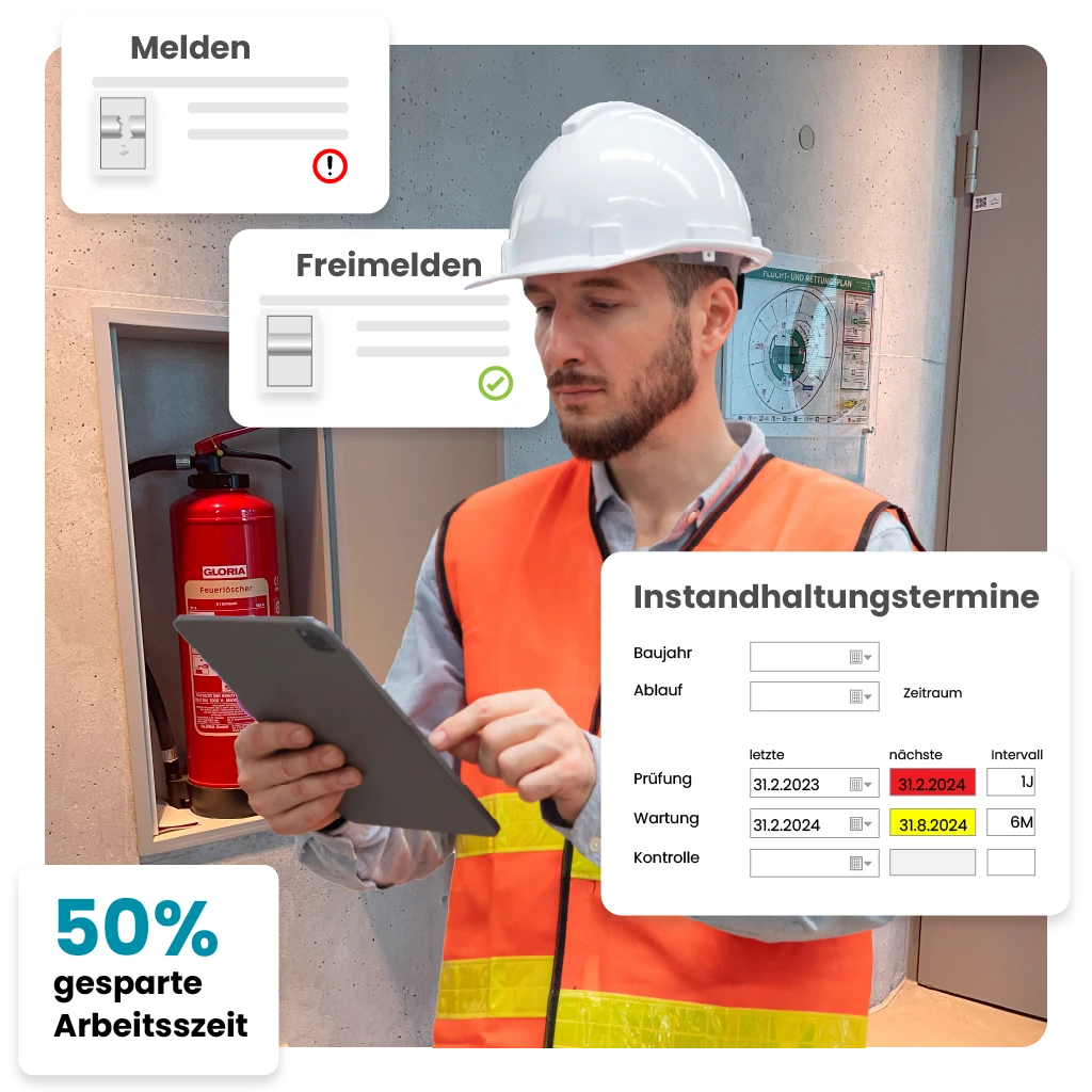Facility Manager überprüft Instandhaltungstermine und meldet Mängel über Tablet, neben einem Feuerlöscher.