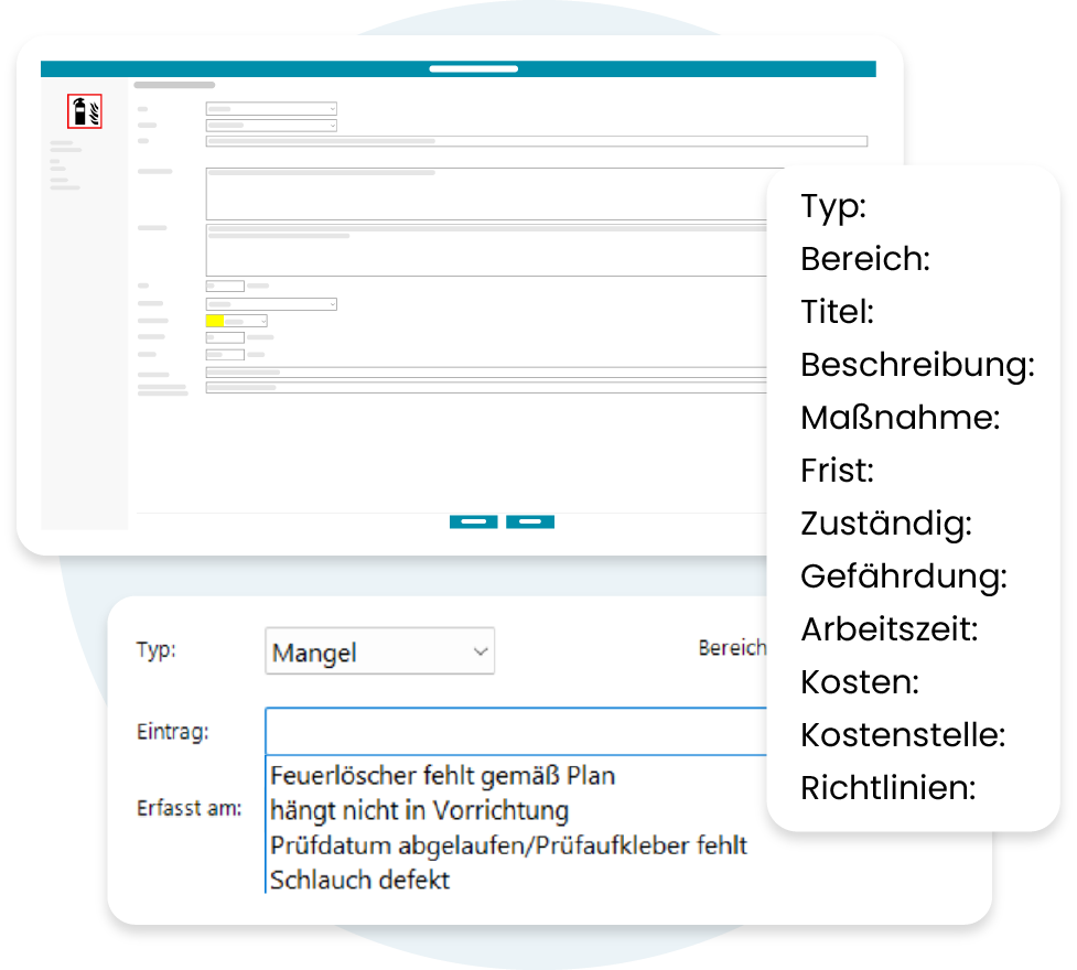 Digitale Mängelverfolgung und Dokumentation von Feuerlöscherdefekten in einer Brandschutzsoftware, inkl. Feldern für Beschreibung, Maßnahme und Zuständigkeit.