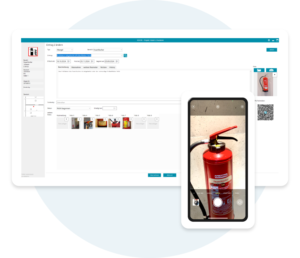 Digitale Dokumentation eines Feuerlöschers mit der KEVOX Software und automatisierter Fotozuordnung.