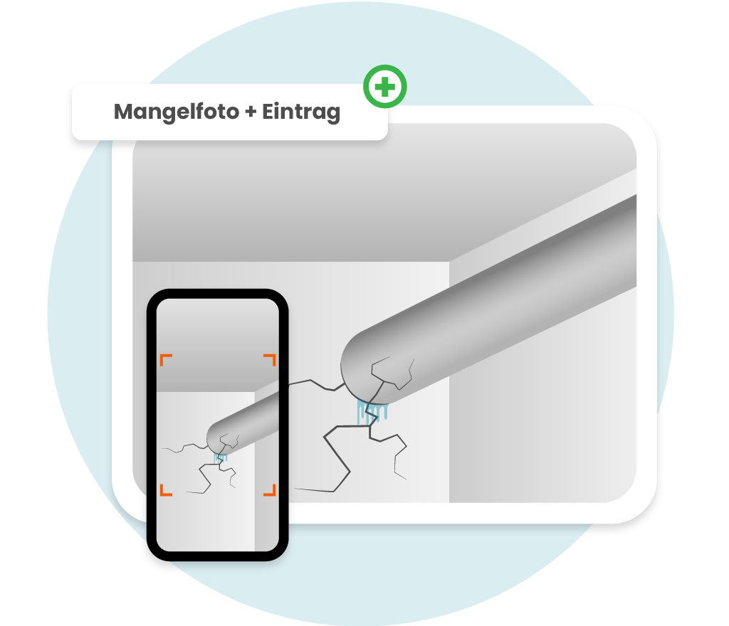 Digitales Mängelfoto einer defekten Wasserleitung mit Dokumentation.