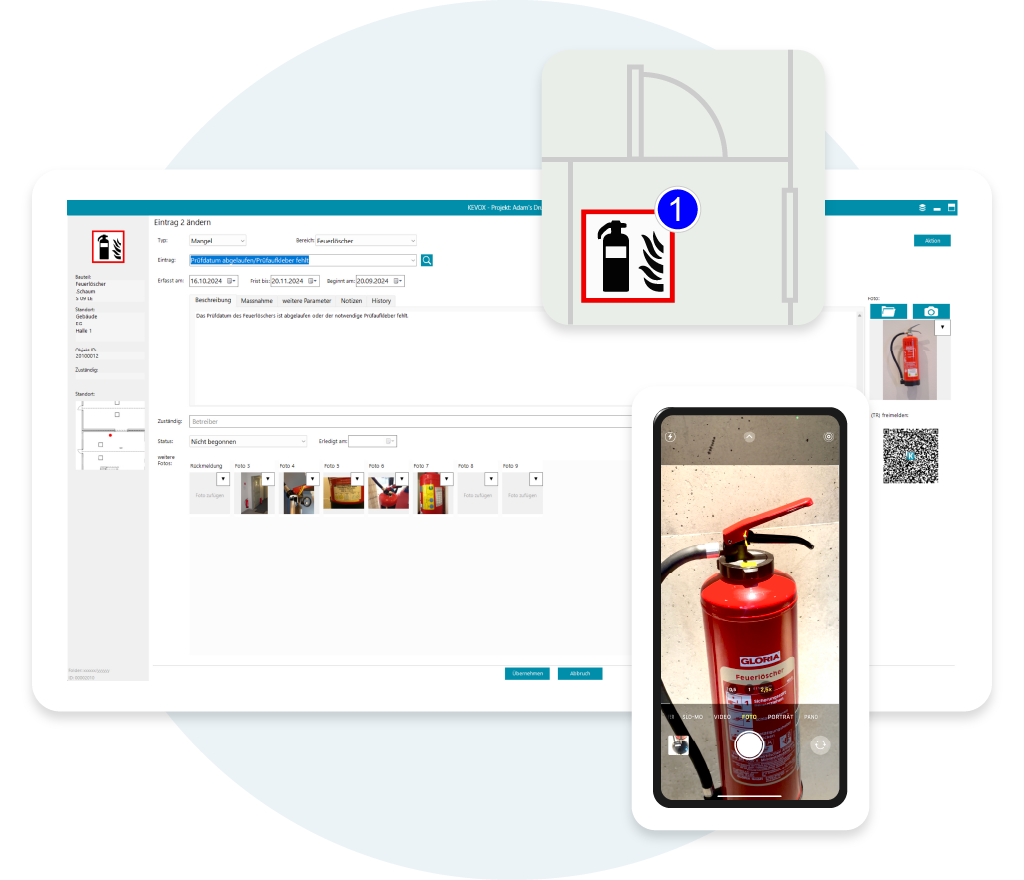 Digitale Erfassung und Dokumentation eines Feuerlöschers mit QR-Code und Fotobeleg in einer Software für Brandschutzmanagement.