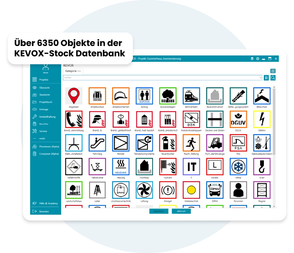 KEVOX-Software-Datenbank mit über 6350 Sicherheits- und Brandschutzsymbolen zur professionellen Gebäude- und Sicherheitsplanung.