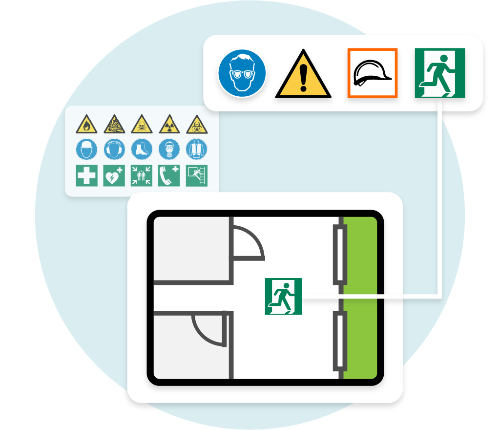 Evakuierungsplan mit Sicherheitskennzeichnungen und Hinweissymbolen zur Arbeitssicherheit.