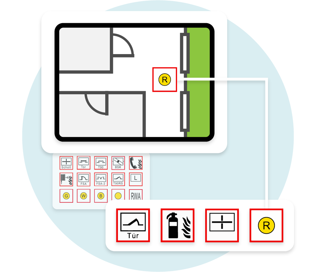 Raumplan mit Symbolen für Sicherheits- und Brandschutzmaßnahmen.