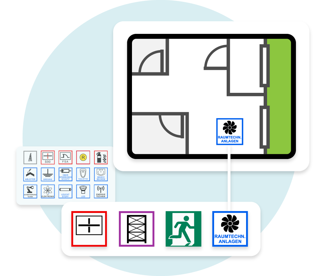 Gebäudeplan mit Symbolen für Raumtechnik, Sicherheitsausgänge und Gebäudekennzeichnungen.