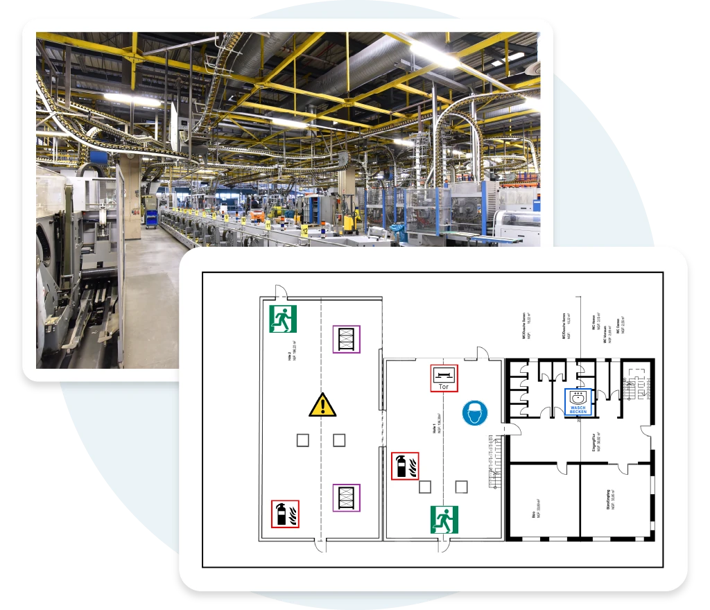 Industriehalle mit Sicherheits- und Fluchtplan zur Übersicht von Notausgängen und Gefahrenbereichen.