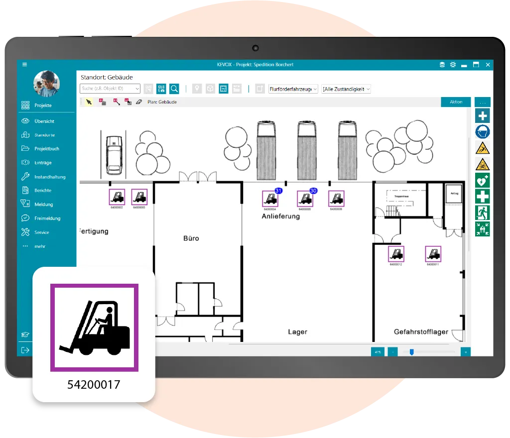 Digitale Planübersicht zur Verwaltung von Gabelstaplern mit der Gabelstaplerprüfung Software.