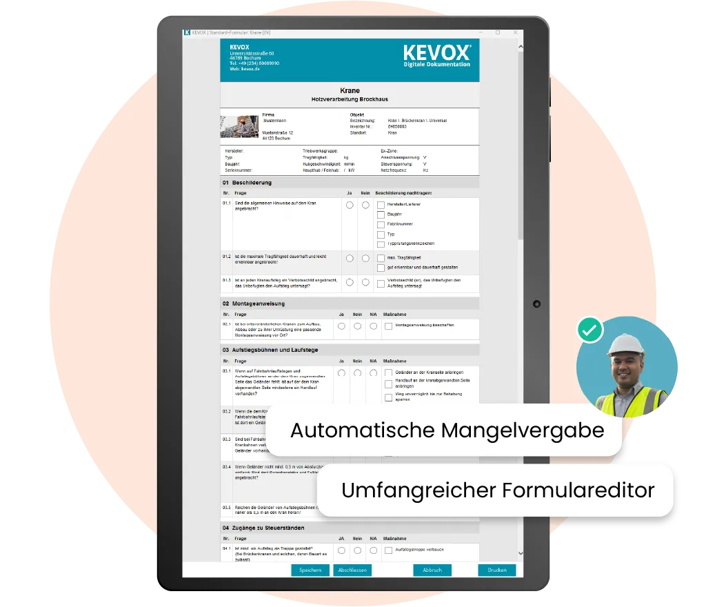 Digitale Checkliste zur Durchführung von Kranprüfungen mit der Kranprüfung Software.