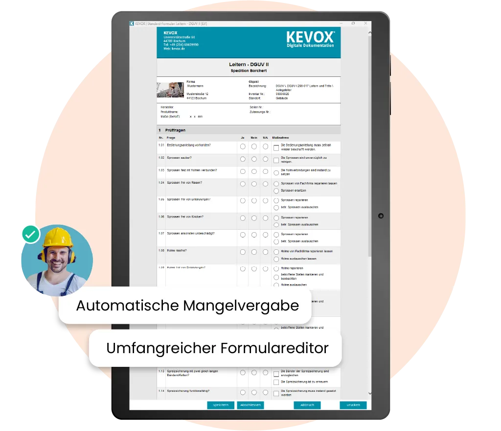Tablet-Anwendung der Software für Leiterprüfung mit Checkliste und automatischer Mangelvergabe.