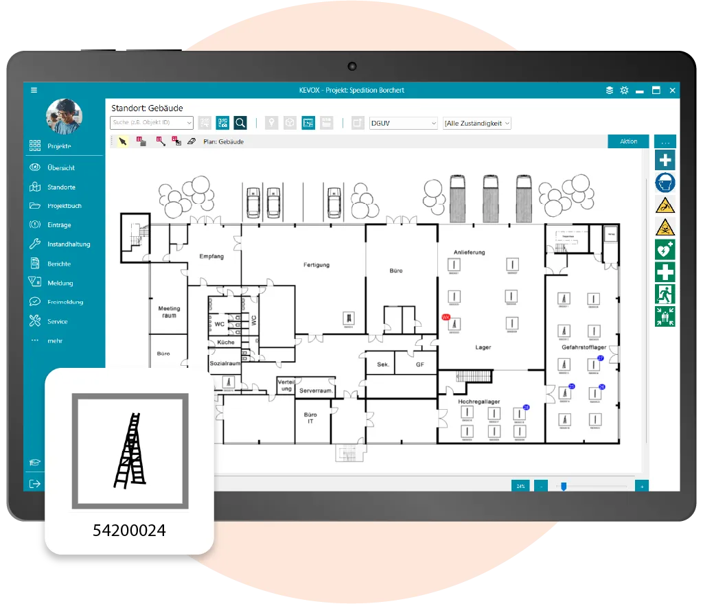 Übersichtliche Planansicht mit der Software für Leiterprüfung zur Verwaltung von Leiterstandorten und Sicherheitsinformationen.