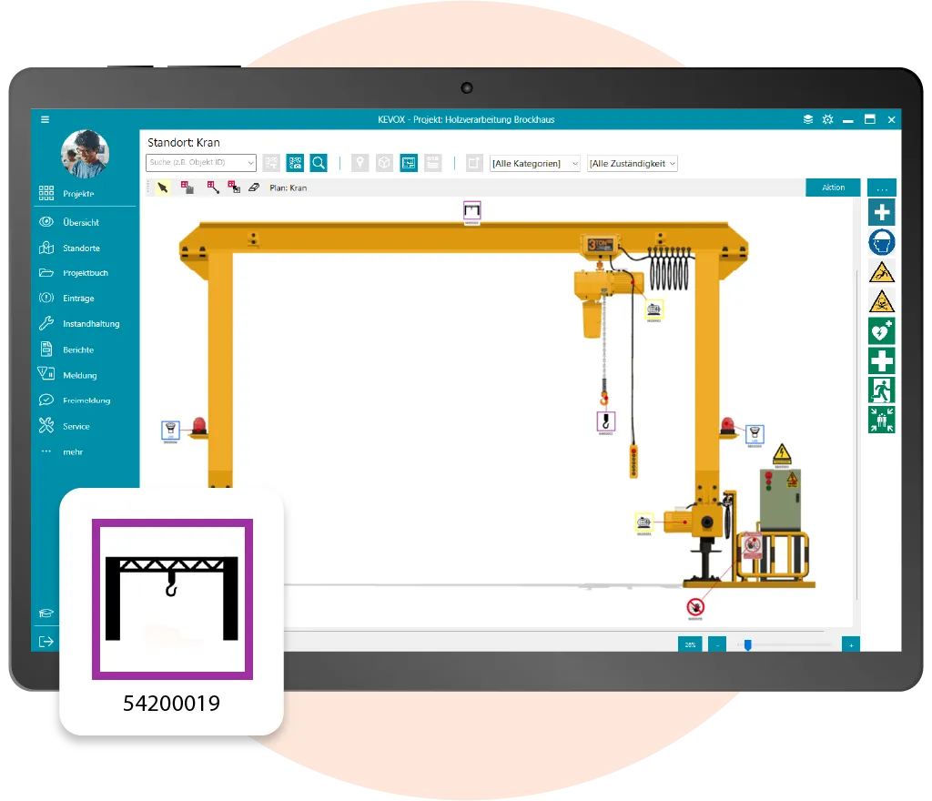 Digitale Planübersicht zur Verwaltung von Krananlagen mit der Kranprüfung Software.