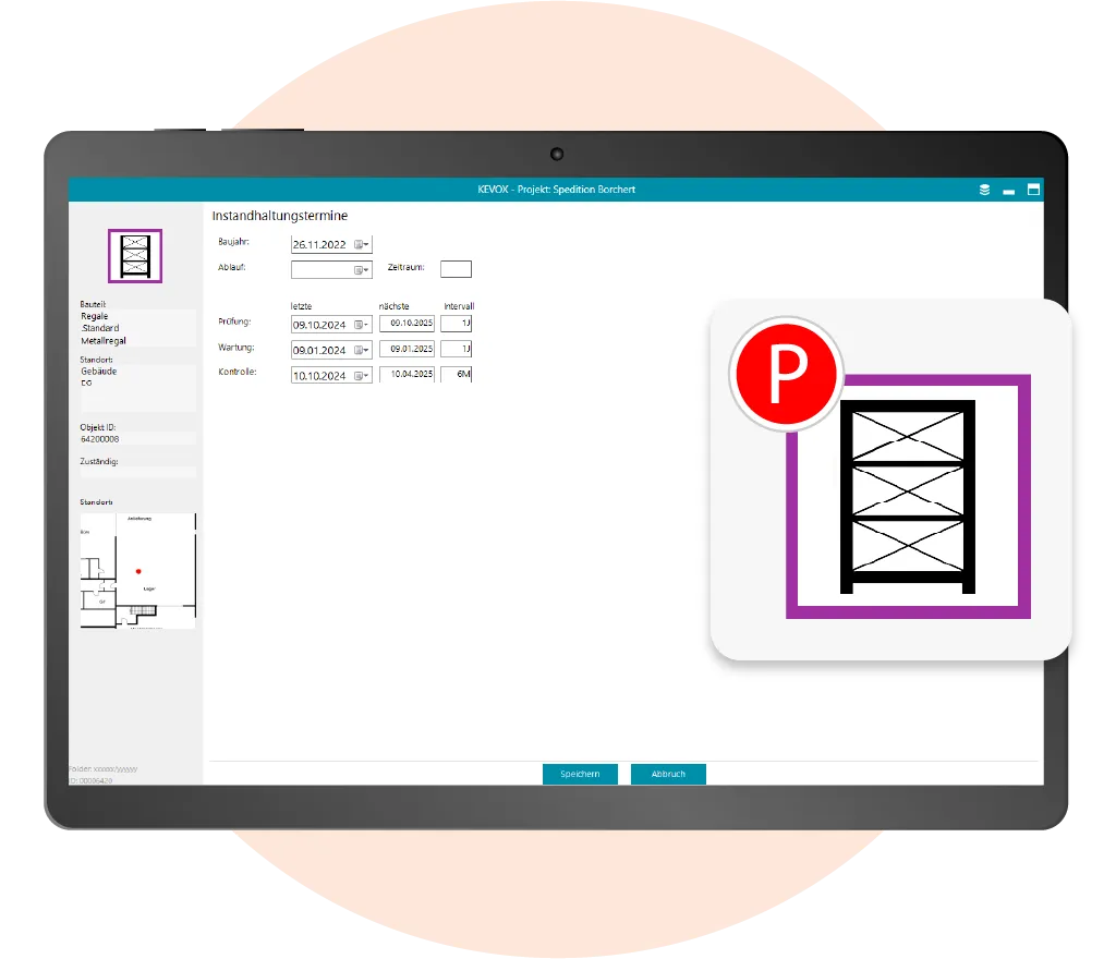 Software für Regalprüfung mit übersichtlicher Verwaltung von Instandhaltungsterminen für Lagerregale.