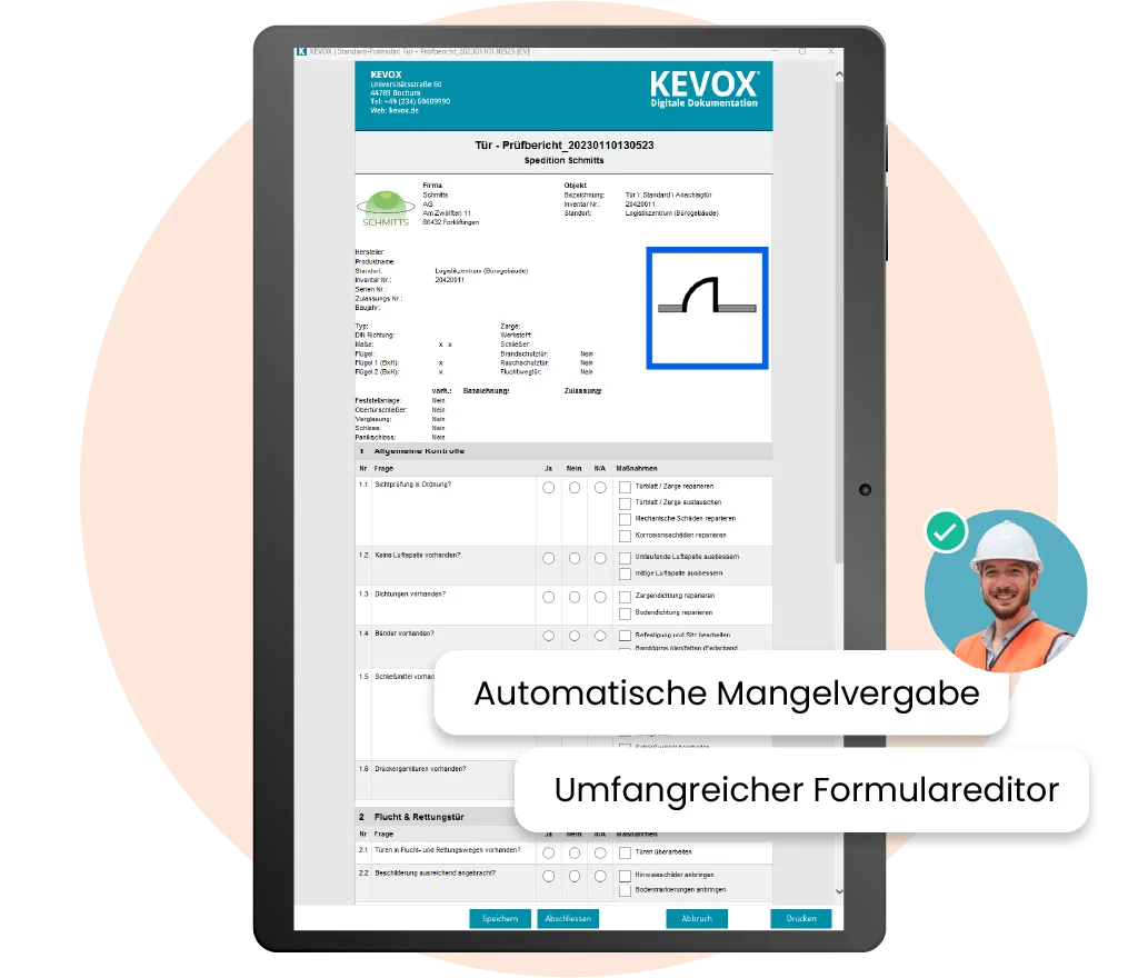 Digitale Checkliste für die Prüfung kraftbetätigter Türen und Tore mit automatischer Mängelvergabe und Formular-Editor.