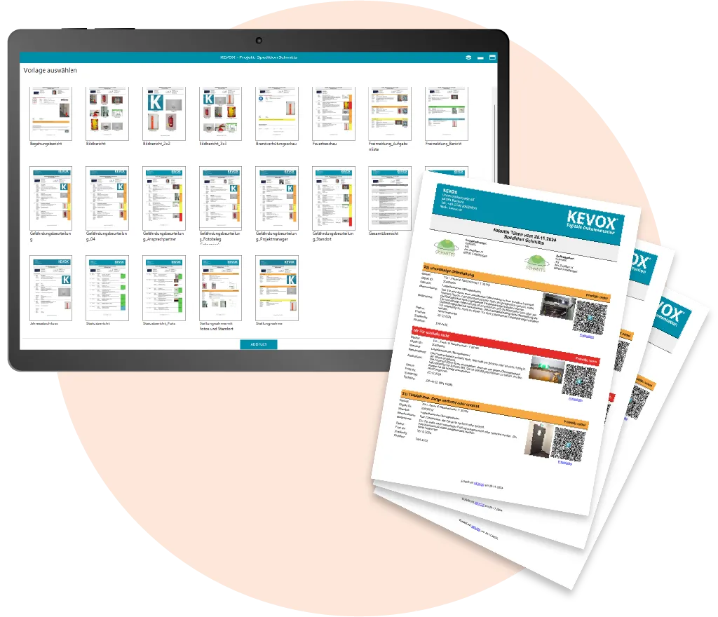 Erstellung professioneller Berichte für die Prüfung von Brandschutztüren mit der Software.