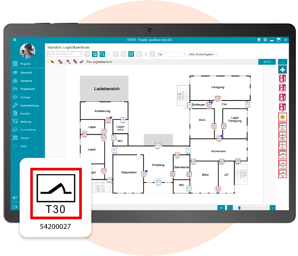 Digitale Planübersicht zur Verwaltung von Brandschutztüren mit der Prüfsoftware.