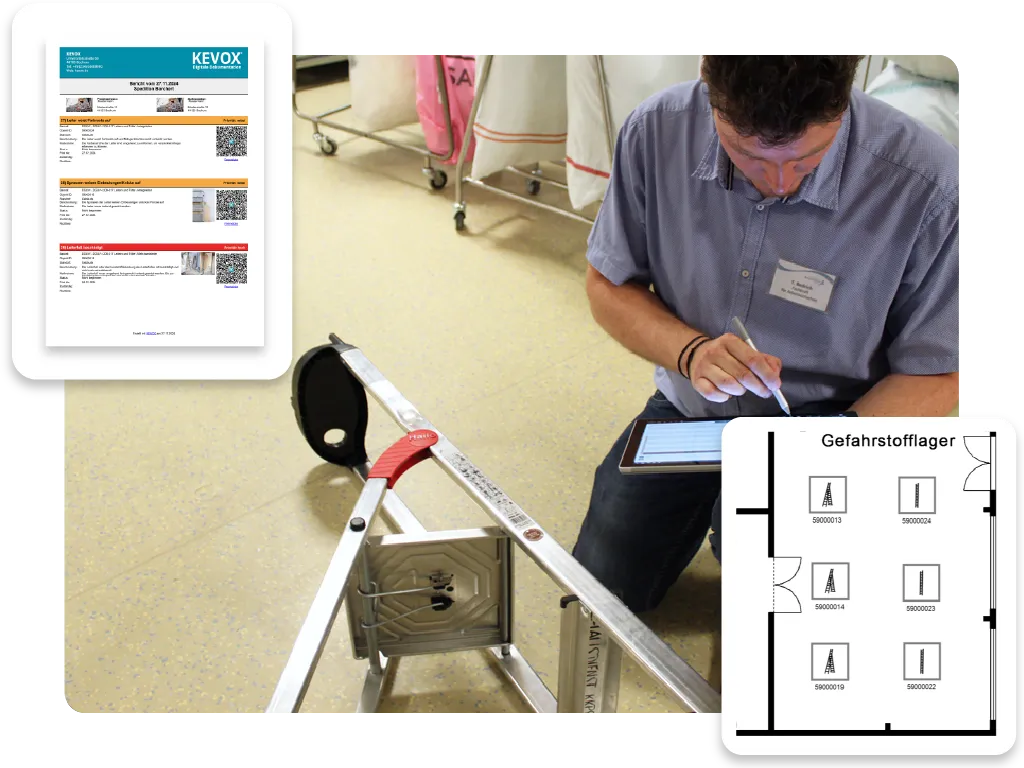 Praktische Anwendung der Software für Leiterprüfung mit digitalem Prüfbericht, Gefahrstofflagerplan und Tablet-Nutzung.