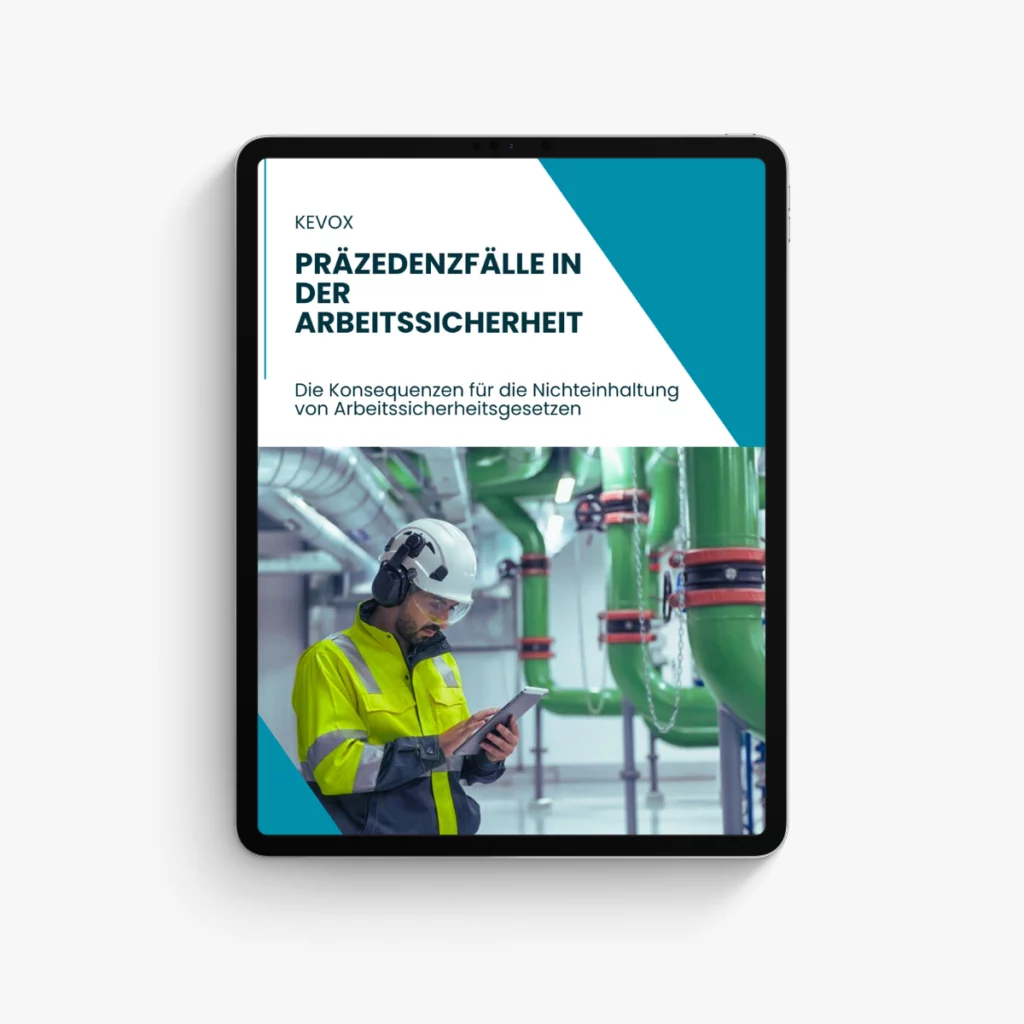 E-Book-Cover: Präzedenzfälle in der Arbeitssicherheit – Die Konsequenzen für die Nichteinhaltung von Arbeitssicherheitsgesetzen. Abgebildet ist ein Techniker in Schutzkleidung, der mit einem Tablet in einer industriellen Umgebung arbeitet.