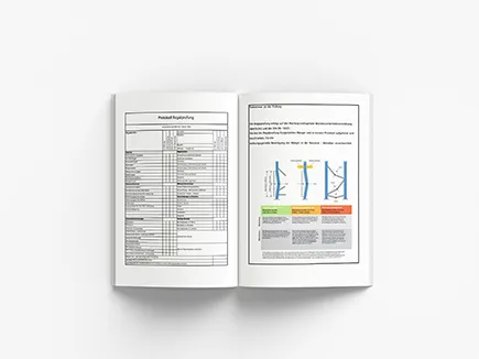 Offenes Dokument mit einem Protokoll zur Regalprüfung, das Tabellen und technische Diagramme enthält.