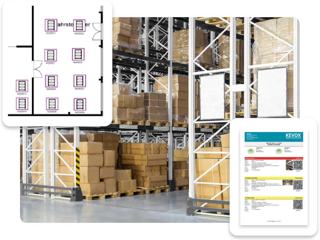 Software für Regalprüfung mit digitalem Lagerplan, Regalkennzeichnung und Prüfberichten für die effiziente Lagerverwaltung.