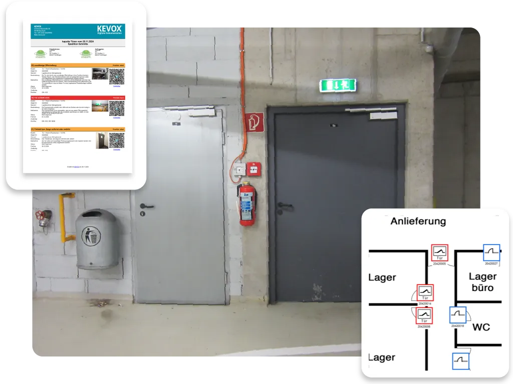 Brandschutztüren Prüfung mit digitaler Dokumentation und Planübersicht.