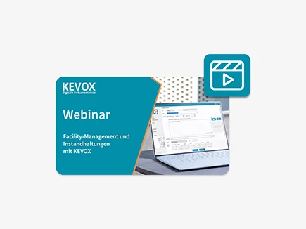 Webinar-Ankündigung für die KEVOX Software zu Facility-Management und Instandhaltungen, gezeigt auf einem Laptop.