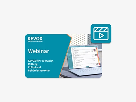 Webinar-Ankündigung für die KEVOX Software zur Unterstützung von Feuerwehr, Rettung, Polizei und Behörden, gezeigt auf einem Laptop.