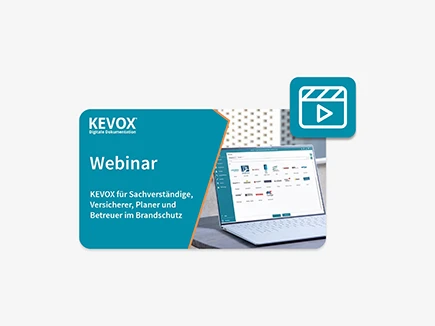 Webinar-Ankündigung für die KEVOX Software im Bereich Brandschutz, gezeigt auf einem Laptop.