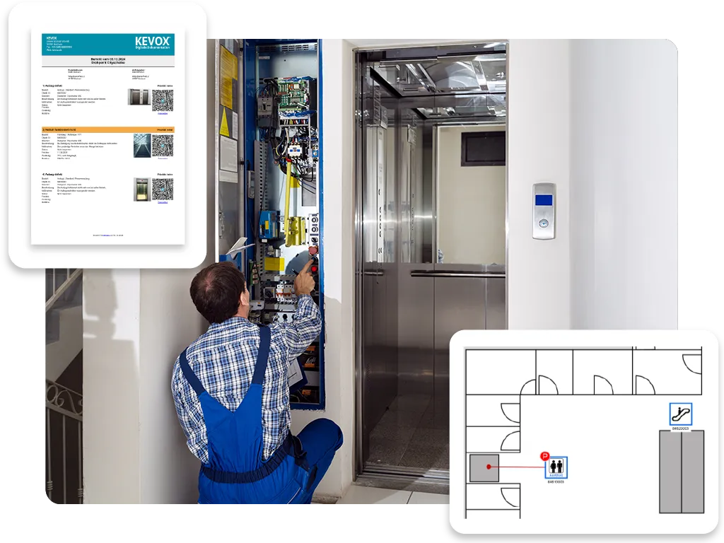 Techniker führt Wartungsarbeiten an einem Aufzug durch, begleitet von KEVOX-Berichten und Plänen