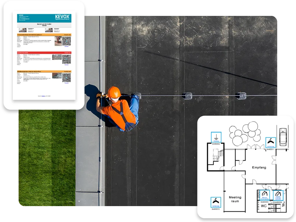 Techniker bei der Blitzschutzwartung auf einem Dach mit digitaler Dokumentation und Planübersicht.