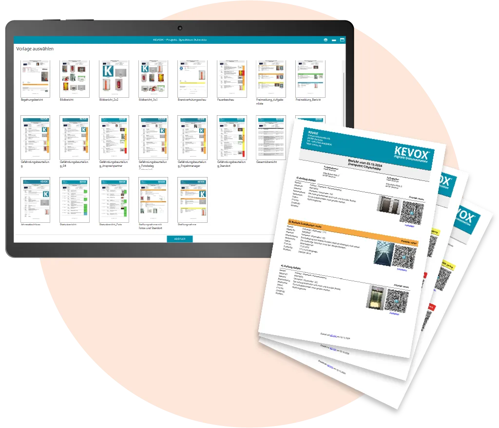 KEVOX-Vorlagenauswahl für Prüfberichte von Aufzügen und Rolltreppen.